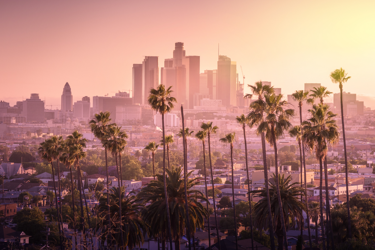 Los Angeles downtown skyline at sunset with tall palm trees in the foreground and warm pink-orange sky