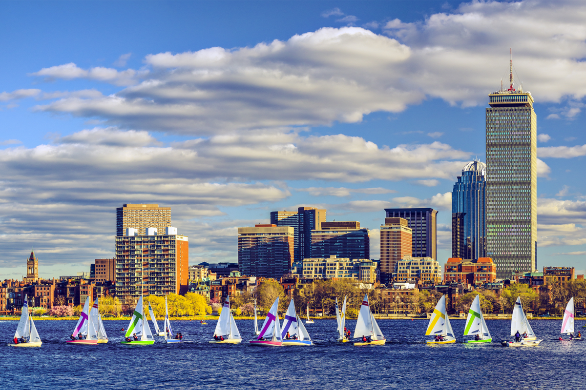 Sailboats on the Charles River with Boston skyline and Prudential Tower in the background