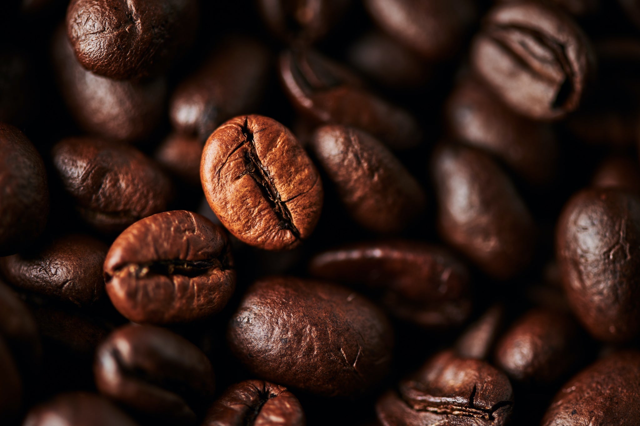Macro view of roasted Arabica coffee beans showing glossy brown surface and central seam with blurred dark background