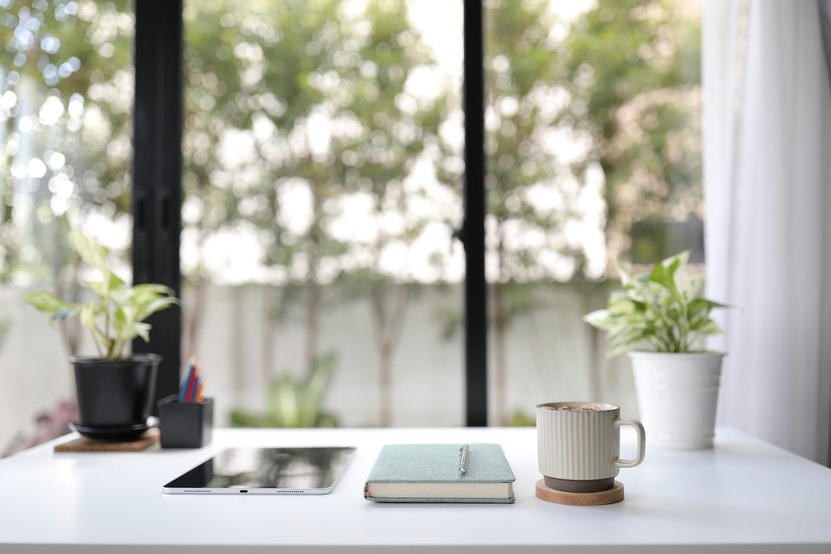 Coffee mug, notebook, and tablet arranged on a bright home office desk by a window with potted plants