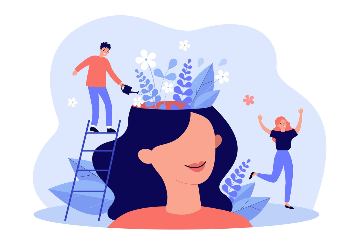 Woman with plants growing from her open head as a person waters them and another celebrates, symbolizing mental growth