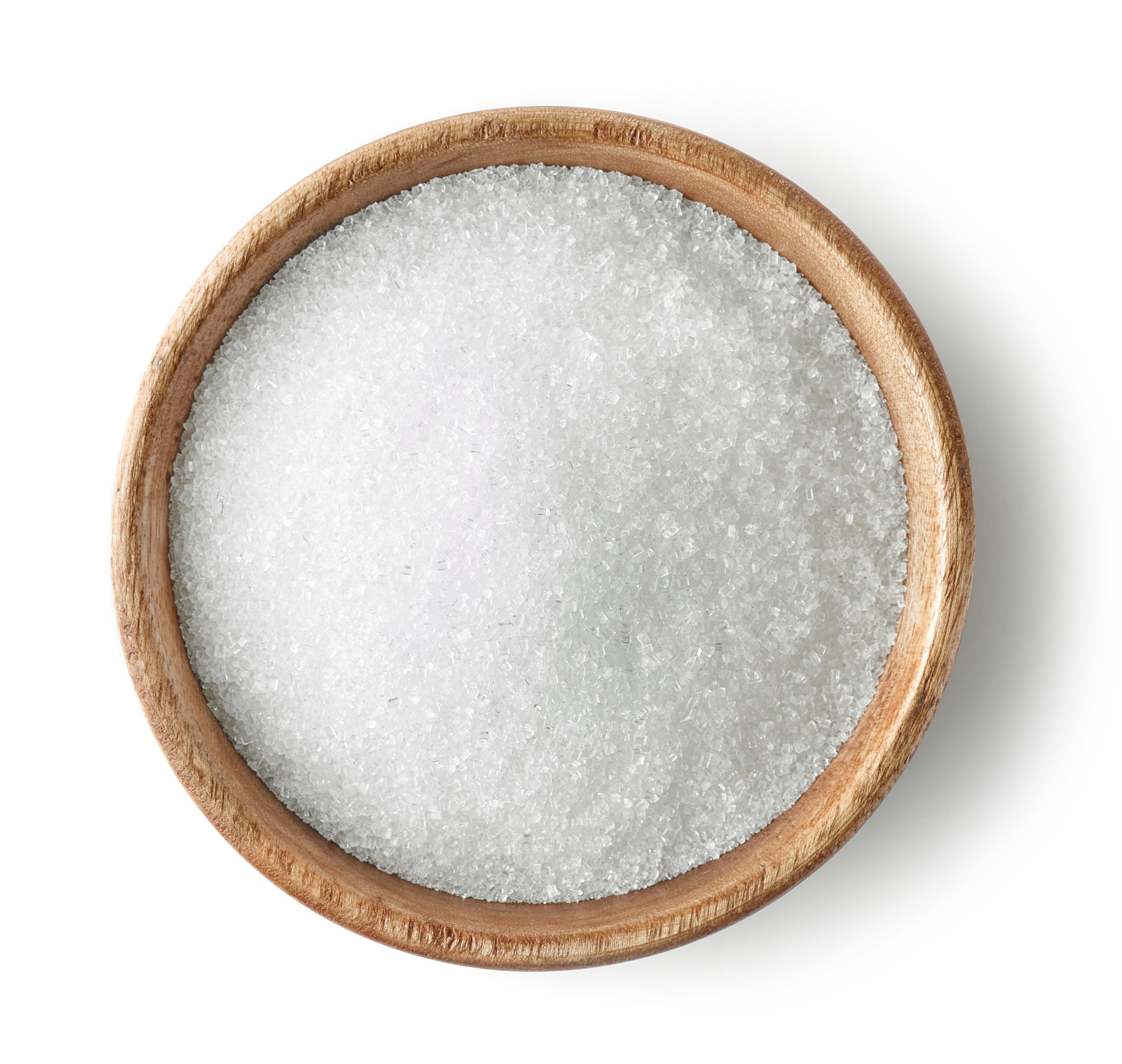 Top-down view of coarse white sugar crystals in a wooden bowl showing granular texture on a white background
