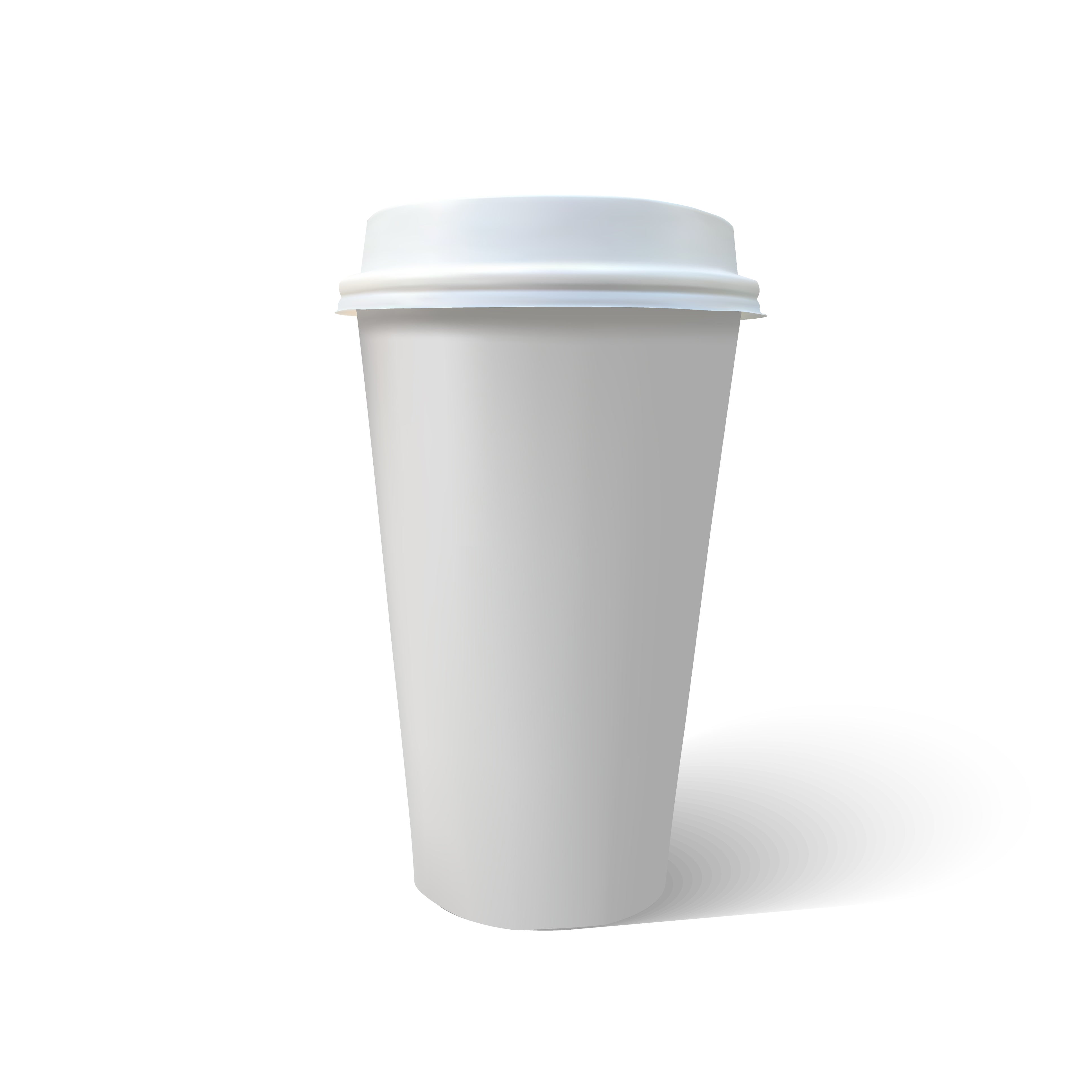 Front view of a disposable white coffee cup showing the plastic lid rim against a white background