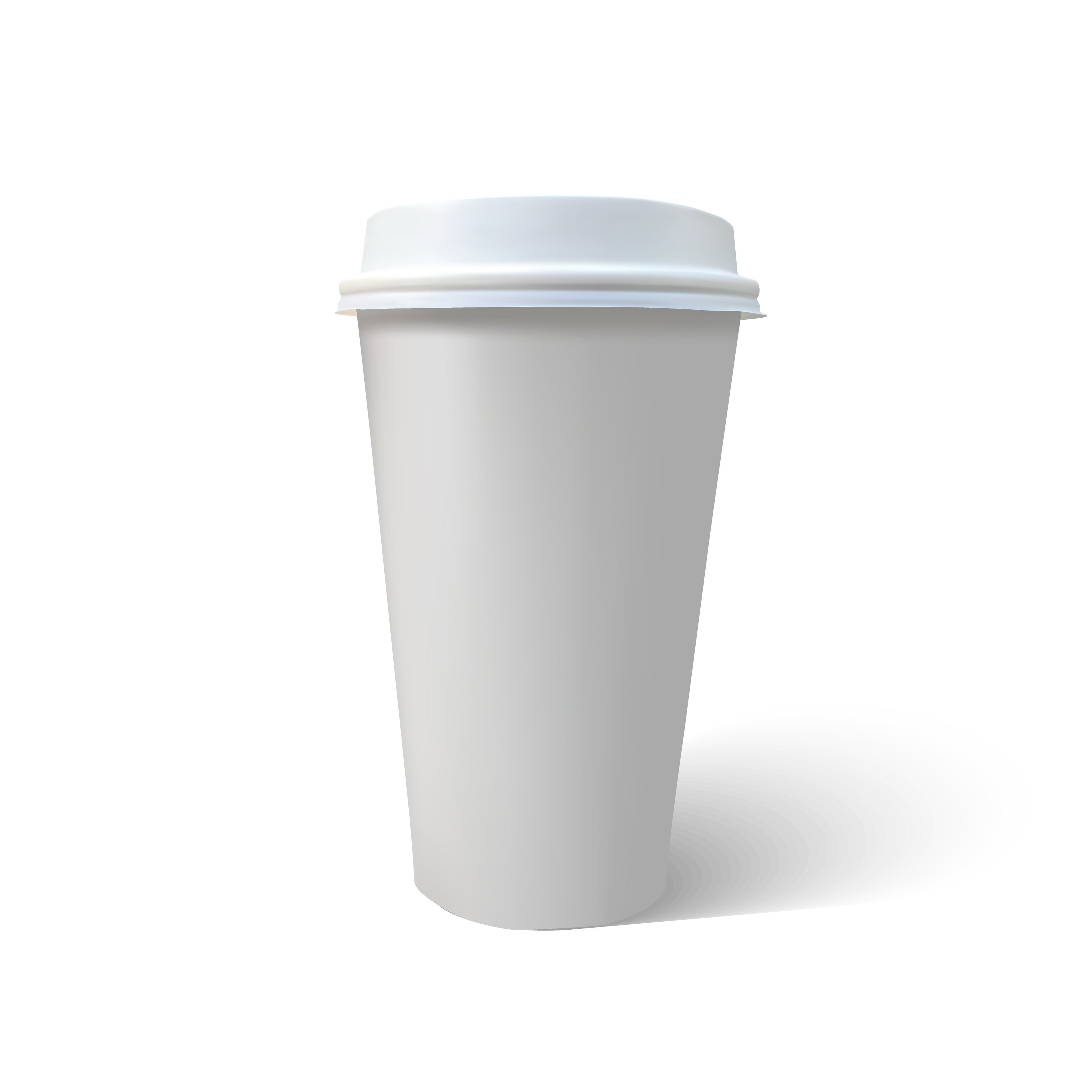 Front view of a disposable white coffee cup showing the plastic lid rim against a white background