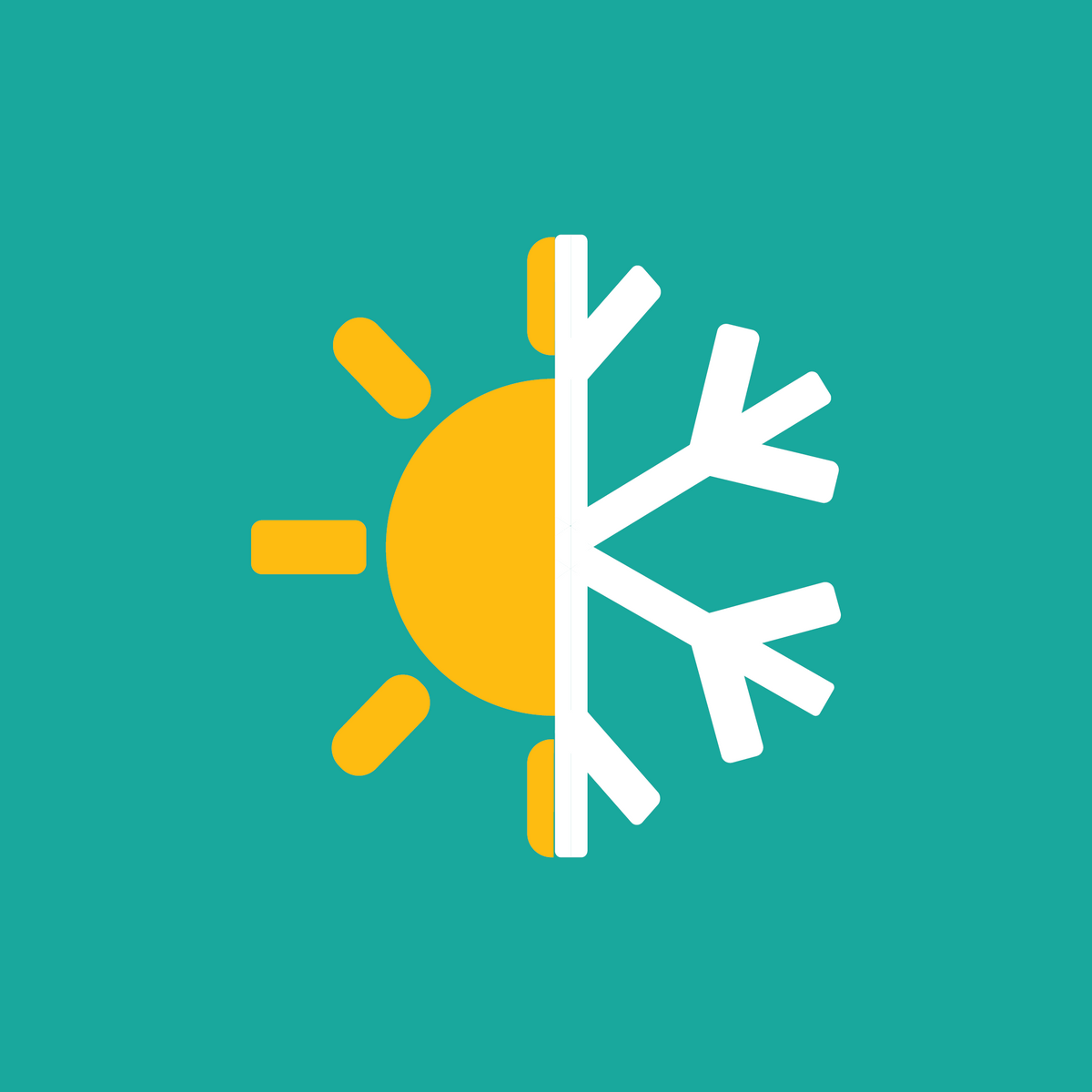 Half sun merging with a snowflake on a teal background, symbolizing hot versus cold for cold brew and hot coffee