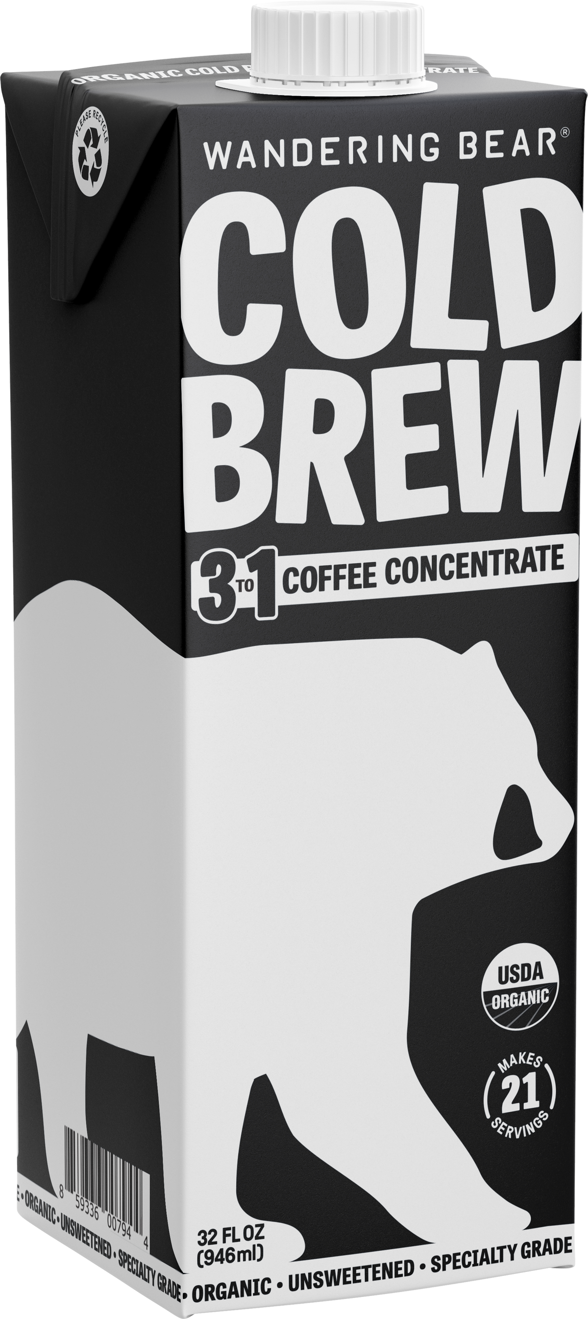 Front view of 32 oz boxed organic cold brew concentrate showcasing black-and-white carton artwork with Cold Brew headline