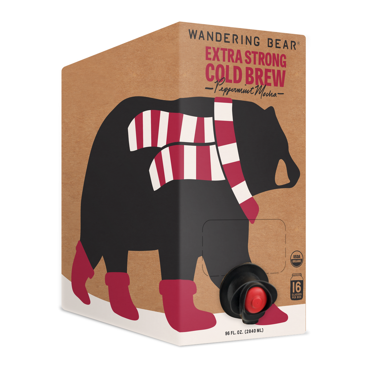 Three-quarter view of a 96-ounce Peppermint Mocha cold brew carton showcasing bear artwork with a transparent background