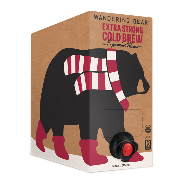 Three-quarter view of a 96-ounce Peppermint Mocha cold brew carton showcasing bear artwork with a transparent background