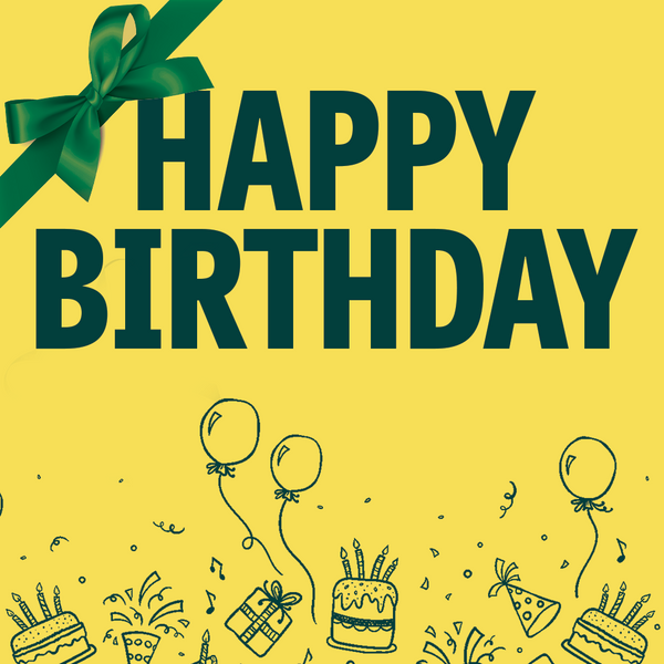 Front of Wandering Bear gift card showing HAPPY BIRTHDAY headline on a yellow background with balloons and hand-drawn celebration illustrations