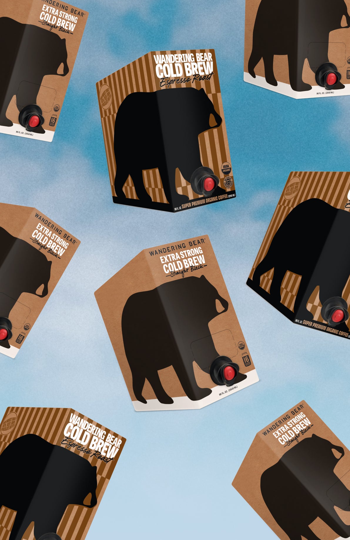 Angled view of Wandering Bear Cold Brew 96 fl oz boxes showing black bear silhouette packaging and red tap spouts on blue background