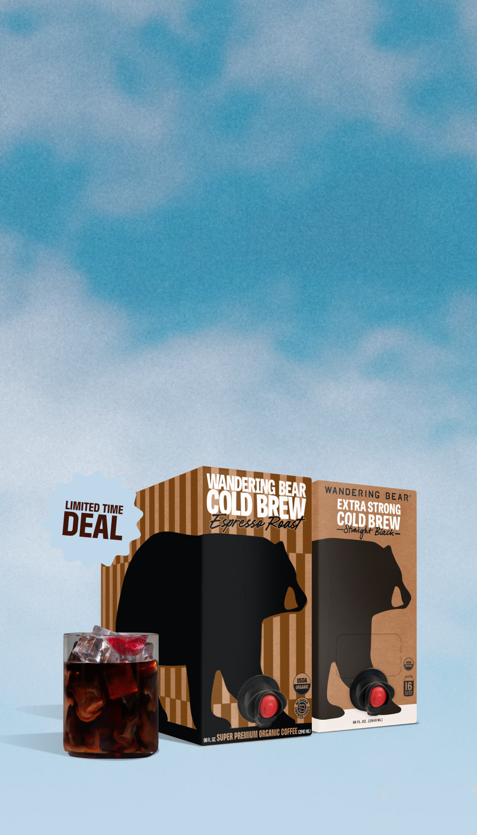 Two Wandering Bear Cold Brew 96oz boxes (Espresso Roast and Straight Black) with pour taps, iced glass, and 'Limited Time Deal' banner
