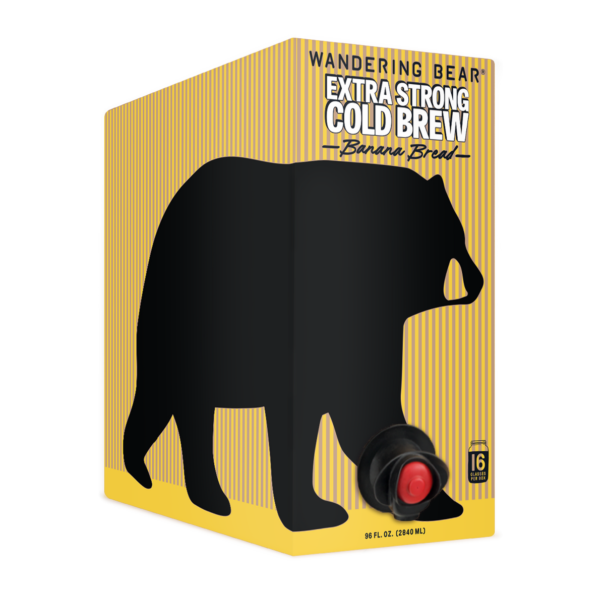 Angled view of Wandering Bear Extra Strong Cold Brew Banana Bread 96 fl oz box with black bear silhouette and front spout
