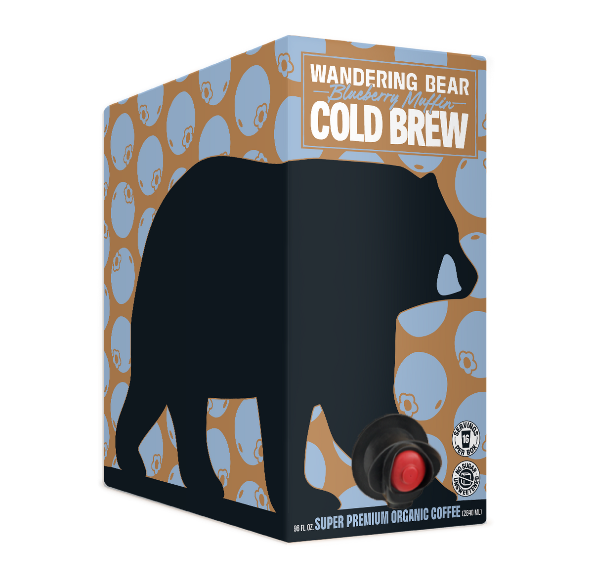 Three-quarter view of 96 fl oz Wandering Bear Blueberry Muffin Cold Brew box showing bear graphic and built-in pour spout