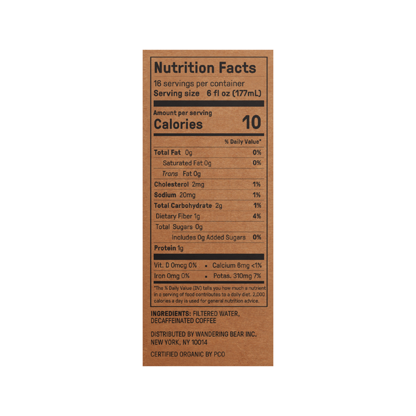 Nutrition label showing serving 8 fl oz (177 mL), 10 calories, 0 g fat, 2 g carbs, ingredients: decaf water and coffee