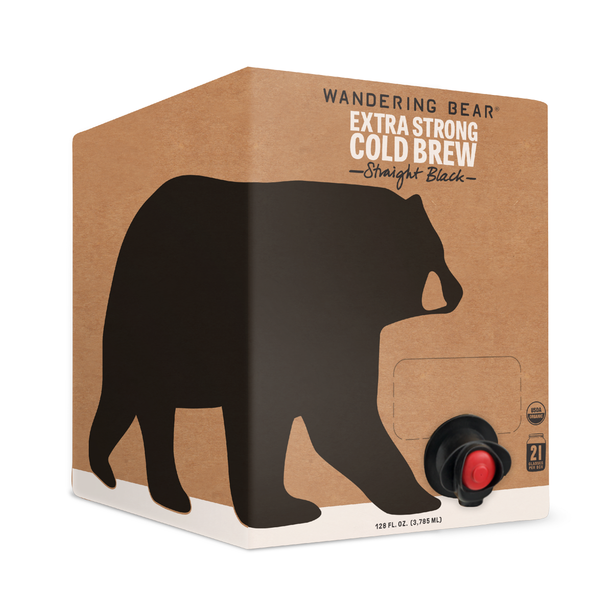 Three-quarter view of Wandering Bear Extra Strong Cold Brew box with built-in tap and black bear silhouette on kraft background
