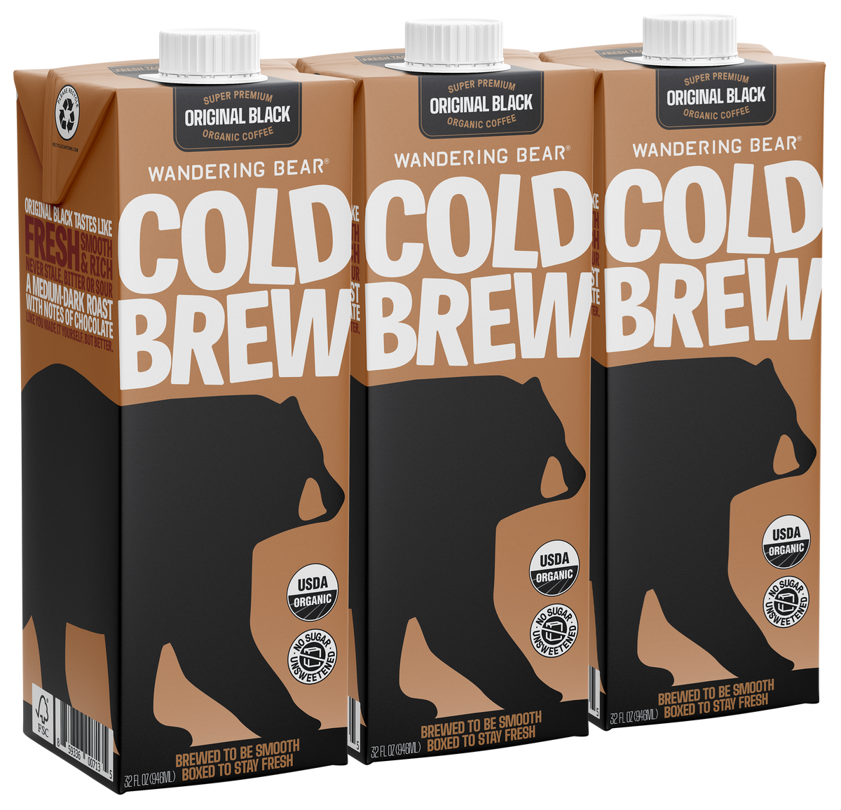 Angled view of three 32oz Cold Brew cartons showcasing COLD BREW headline and bear silhouette on white background
