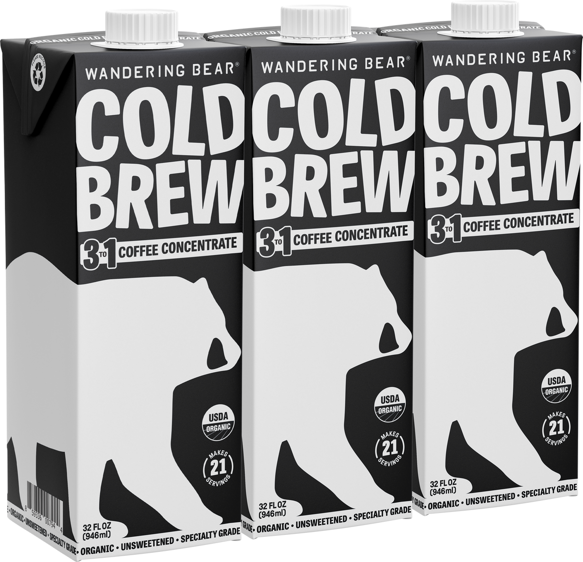 Front view of three 32 oz cartons of 3 to 1 cold brew concentrate showcasing boxed packaging on white background