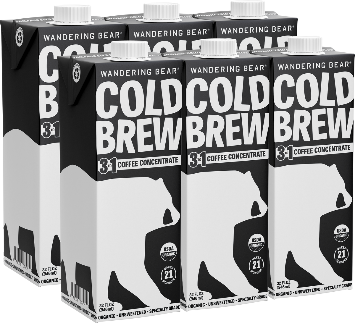 Front view of 6-pack box of 32 oz 3-to-1 Cold Brew Concentrate showing black-and-white packaging on white background