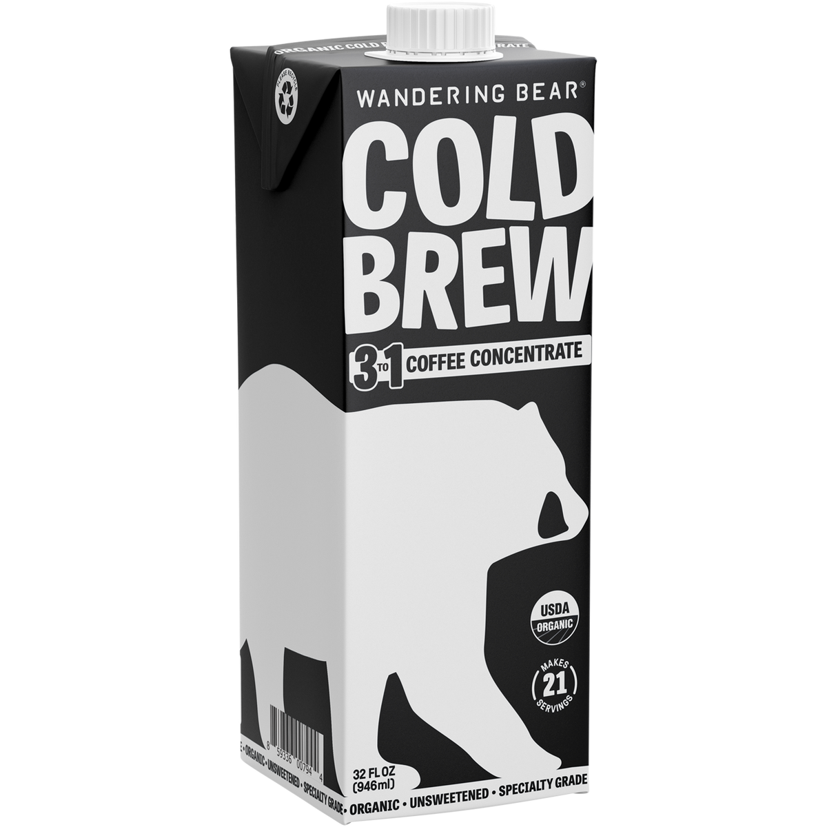 Three-quarter view of 32 oz 3 to 1 Coffee Concentrate carton showing bold Cold Brew text and bear logo on white background