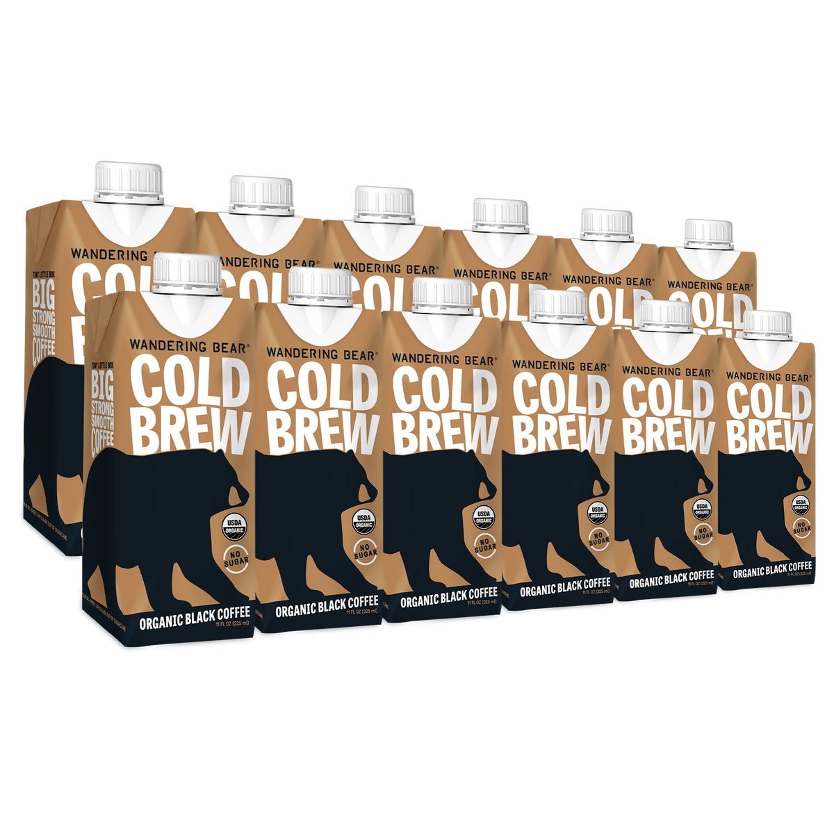 Front view of 12-pack of 11oz Cold Brew cartons showing COLD BREW headline and bear logo on brown packaging on white background