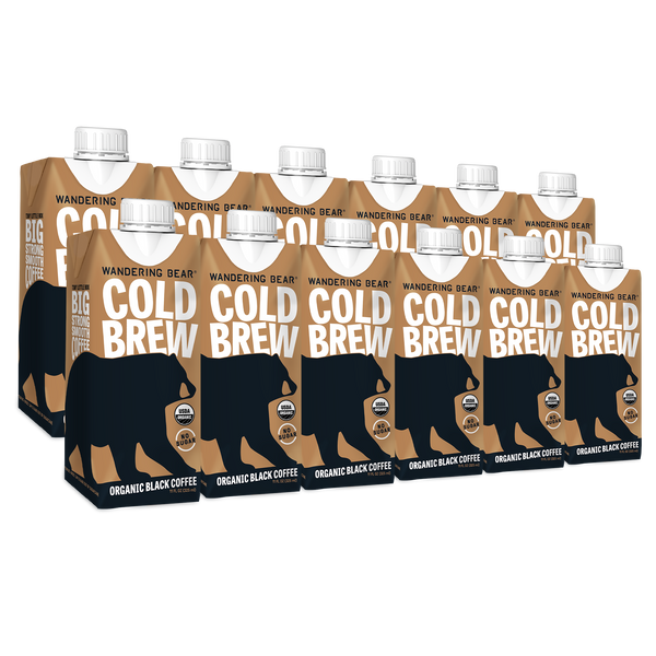 Front view of 12-pack of 11oz Cold Brew cartons showing COLD BREW headline and bear logo on brown packaging on white background