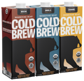 Front view of three 32oz Cold Brew cartons (Mocha, Vanilla, Caramel) showcasing large COLD BREW headline and bear silhouette on white background