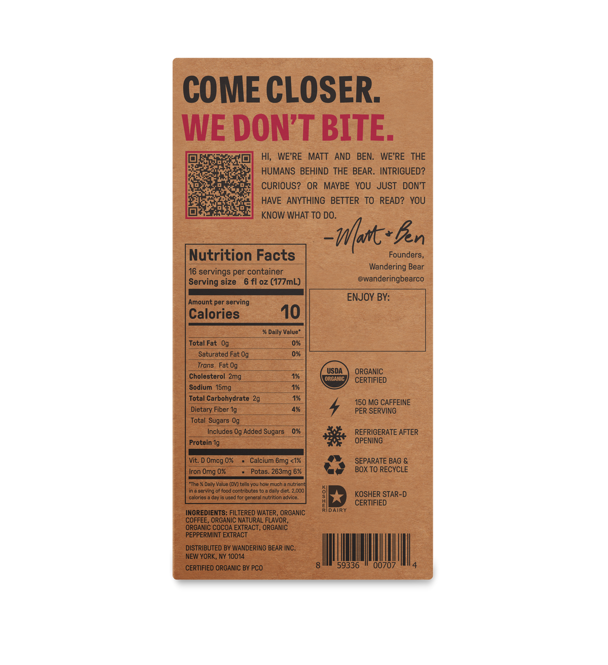 Back view of Peppermint Mocha Cold Brew On Tap showcasing nutrition facts and certifications on a brown package