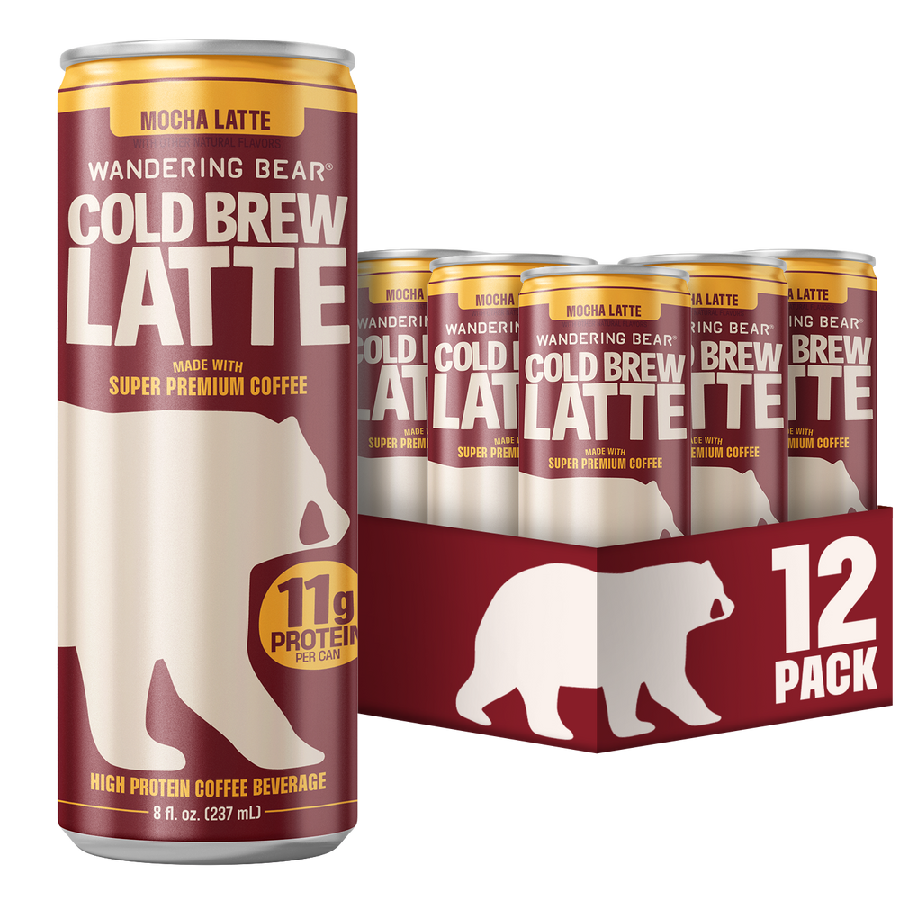 Front view of Wandering Bear Mocha Cold Brew Latte 8 fl oz can with 12 pack carrier showing 11g protein label on white background