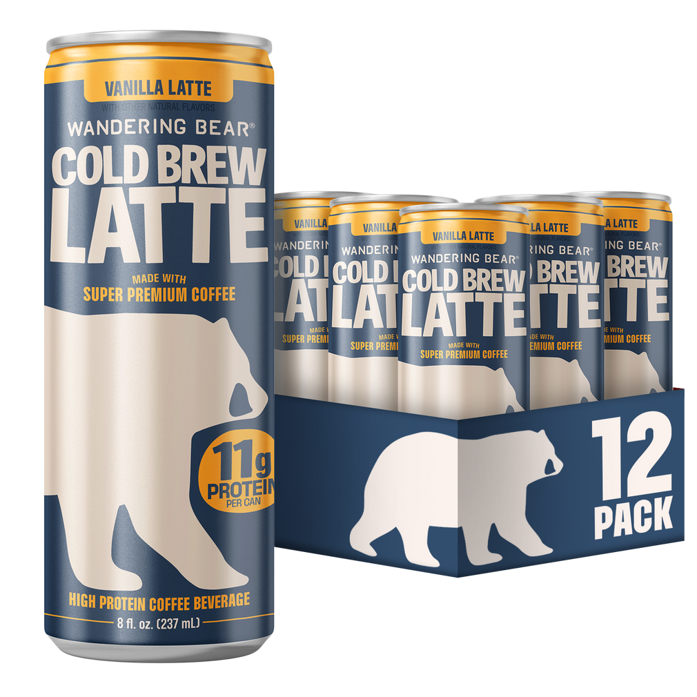 Front view of Wandering Bear Vanilla Cold Brew Latte can and 12-pack carrier showcasing Cold Brew Latte label and 11g protein callout on white background