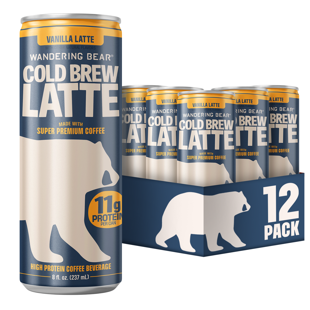 Front view of Wandering Bear Vanilla Cold Brew Latte can and 12-pack carrier showcasing Cold Brew Latte label and 11g protein callout on white background