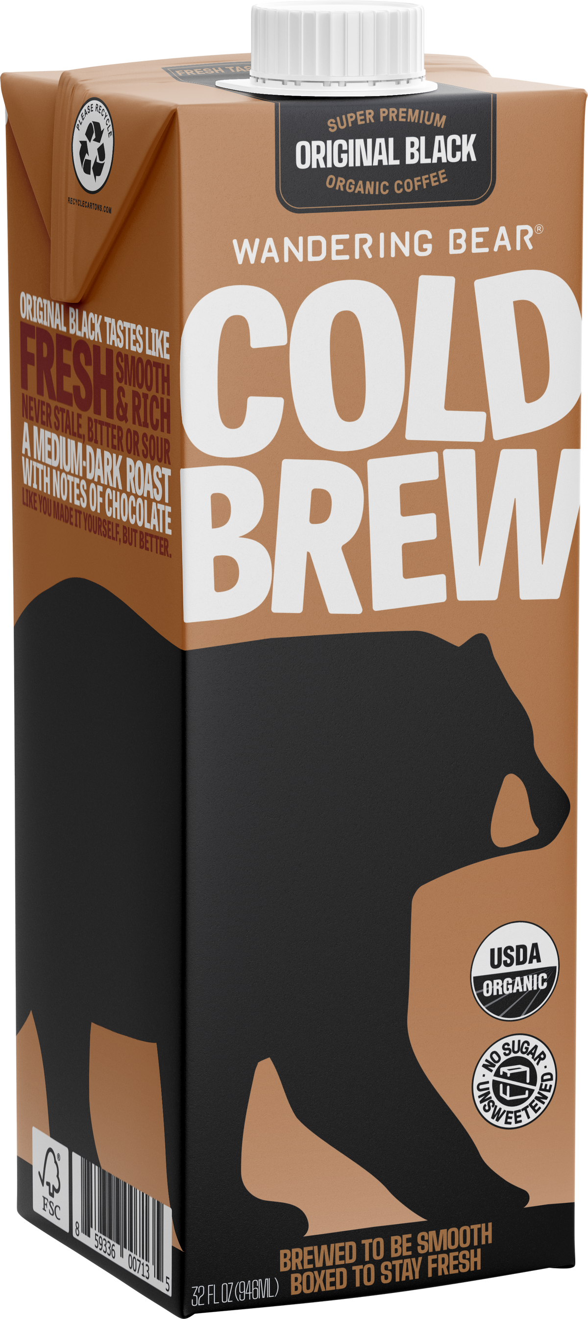 Three-quarter view of 32oz Cold Brew carton showcasing large COLD BREW headline, bear silhouette, USDA Organic and No Sugar badges on white background