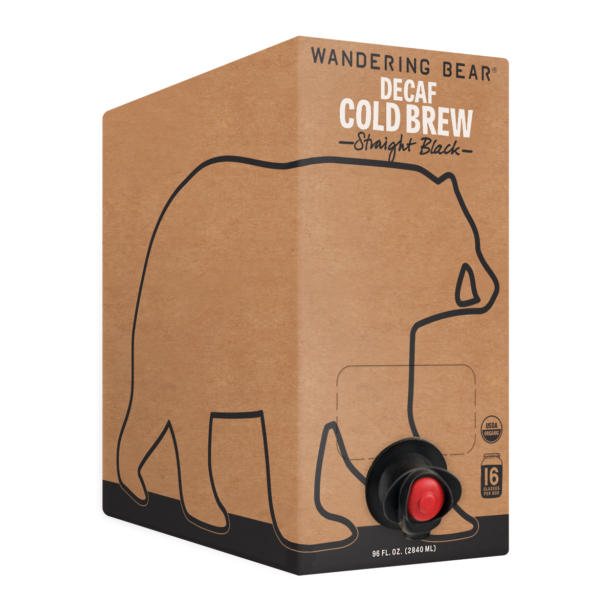 Three quarter view of Decaf Cold Brew on Tap 96 fl oz box showcasing built-in pour tap and kraft bear outline packaging on white background