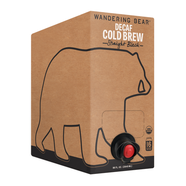 Three quarter view of Decaf Cold Brew on Tap 96 fl oz box showcasing built-in pour tap and kraft bear outline packaging on white background