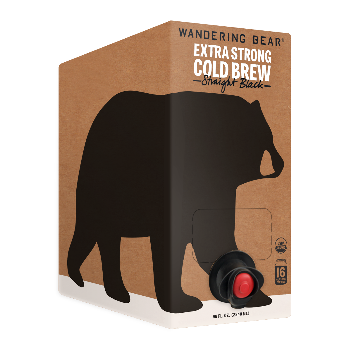 3/4 view of Wandering Bear 96 fl oz Straight Black cold brew box with dispensing tap and black bear silhouette