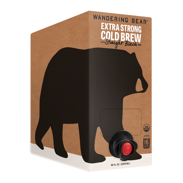 3/4 view of Wandering Bear 96 fl oz Straight Black cold brew box with dispensing tap and black bear silhouette