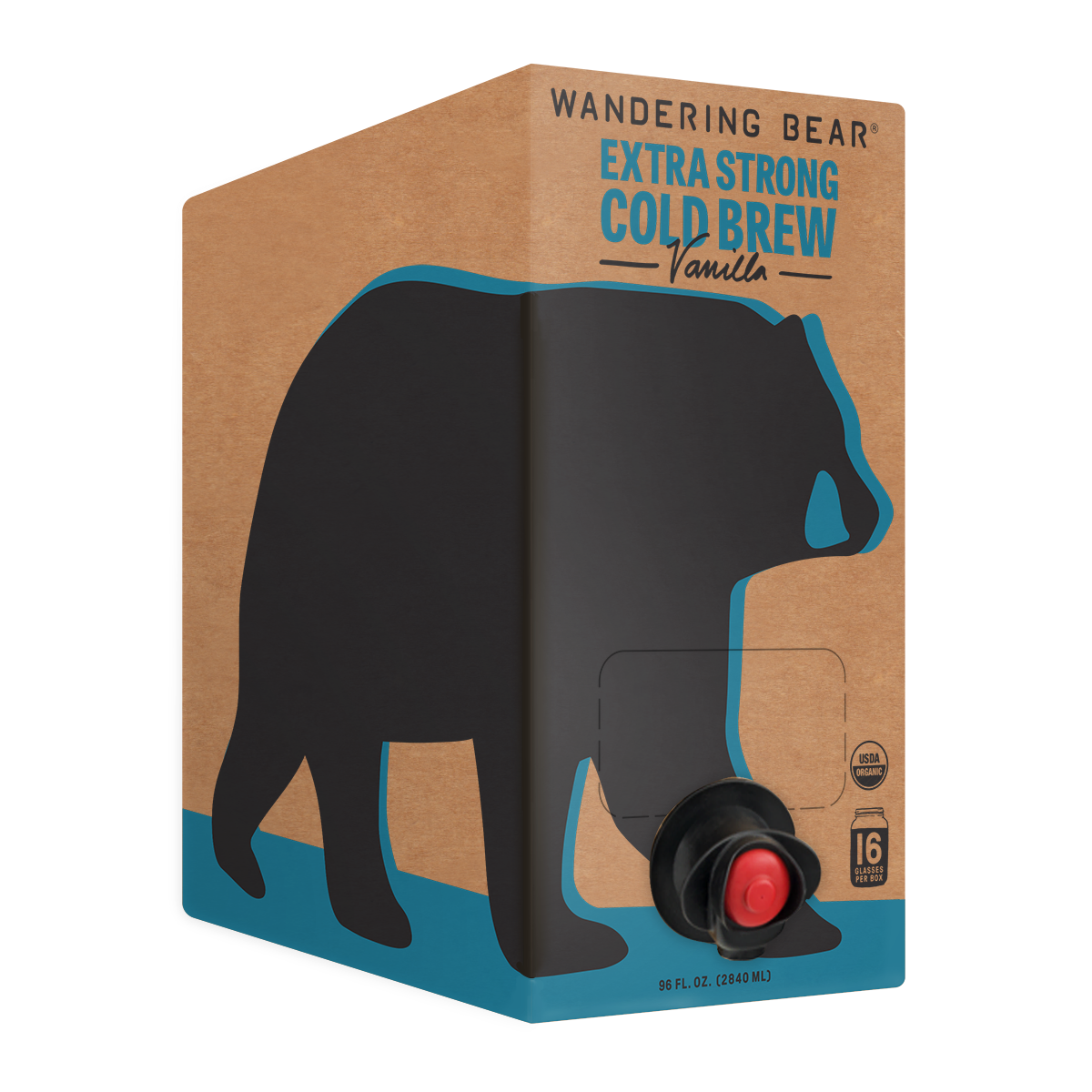 Three-quarter view of 96 fl oz Wandering Bear Extra Strong Vanilla Cold Brew box with built-in tap and large bear graphic on kraft-style packaging