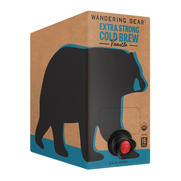 Three-quarter view of 96 fl oz Wandering Bear Extra Strong Vanilla Cold Brew box with built-in tap and large bear graphic on kraft-style packaging