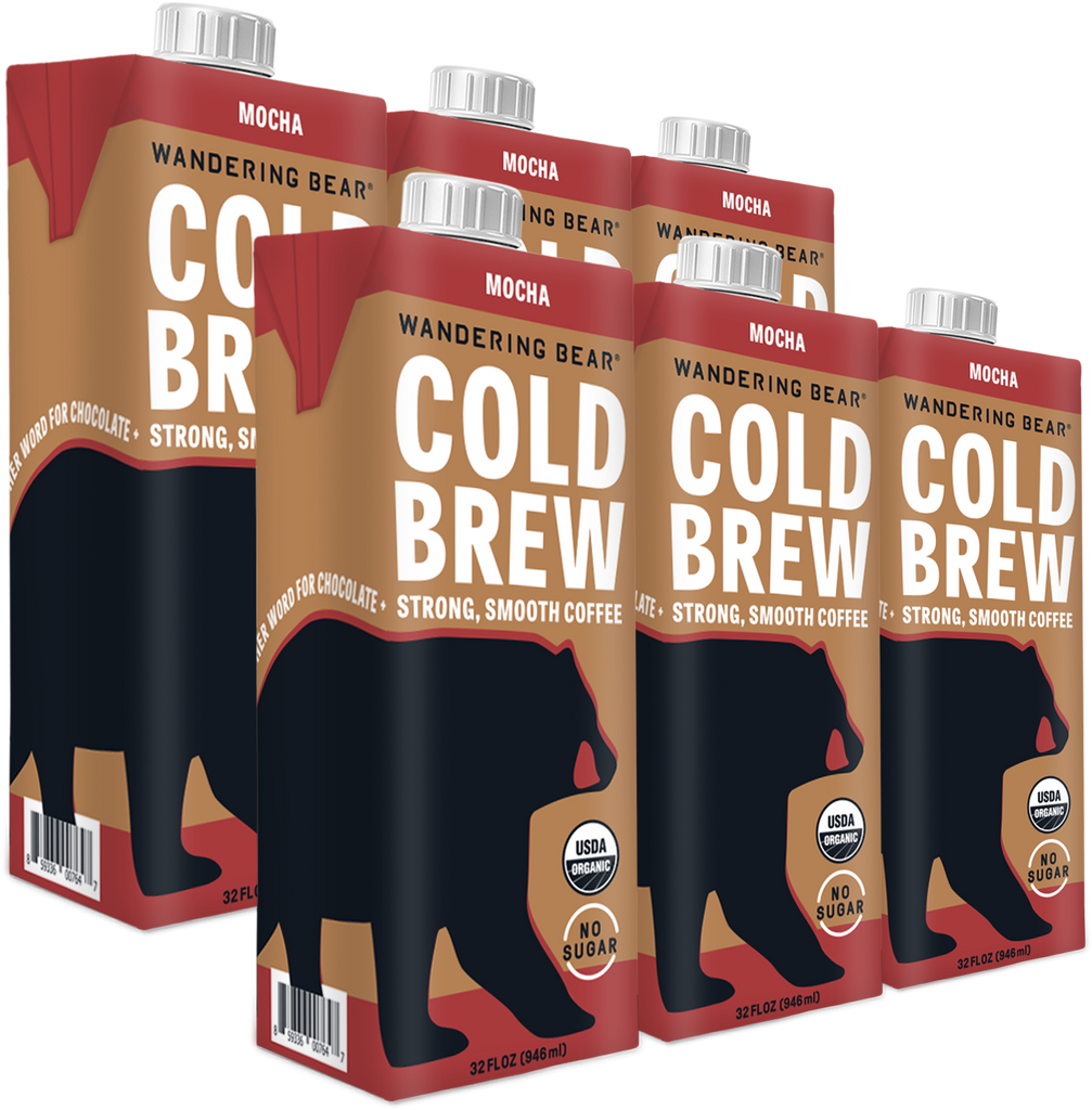 Wandering Bear Organic Mocha Cold Brew Coffee, 32 fl oz, 6 Pack - Extra Strong, Smooth, Organic, Unsweetened, Shelf-Stable