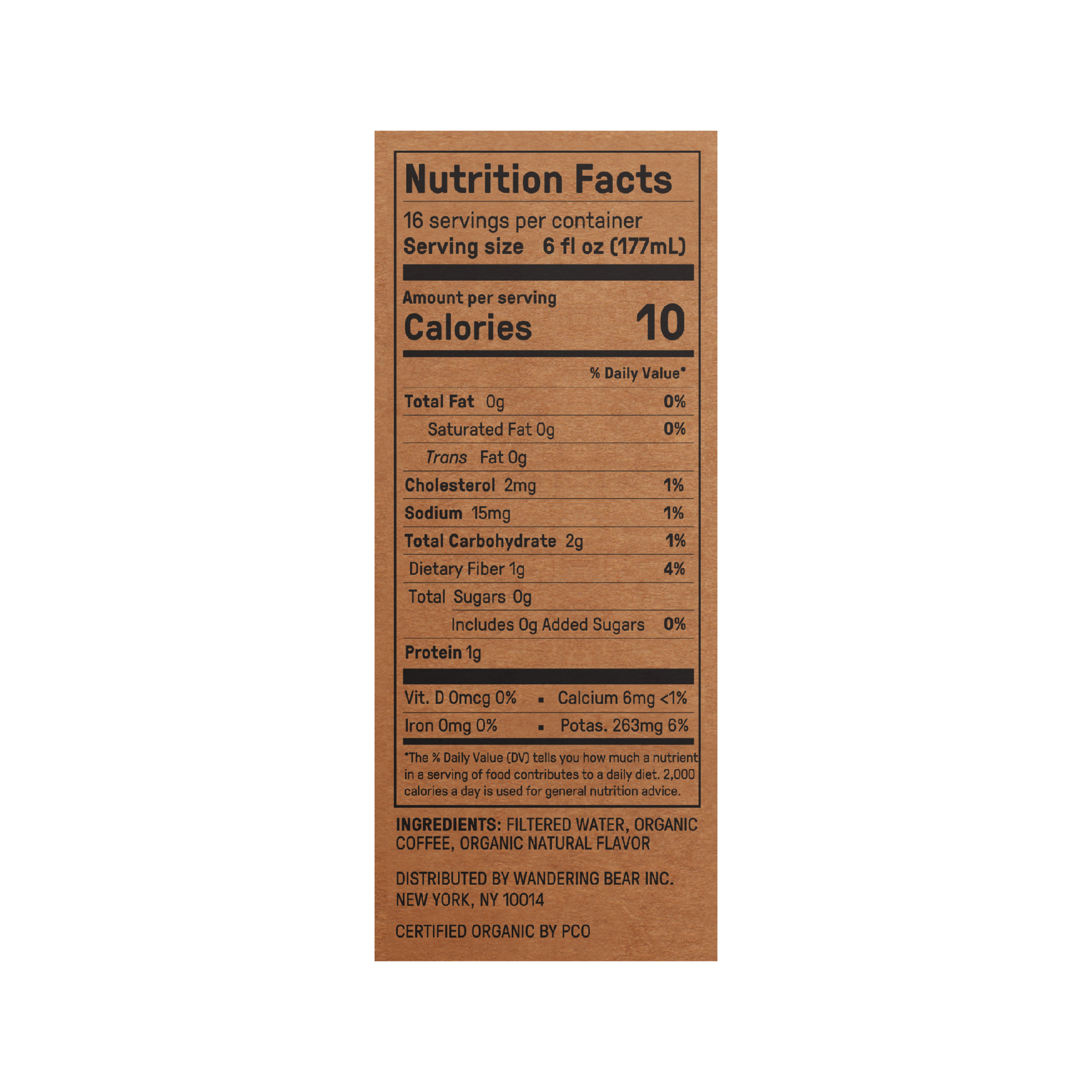 Nutrition facts panel showing 16 servings, 6 fl oz serving 177 mL, 10 calories, 2 g carbs, 1 g protein
