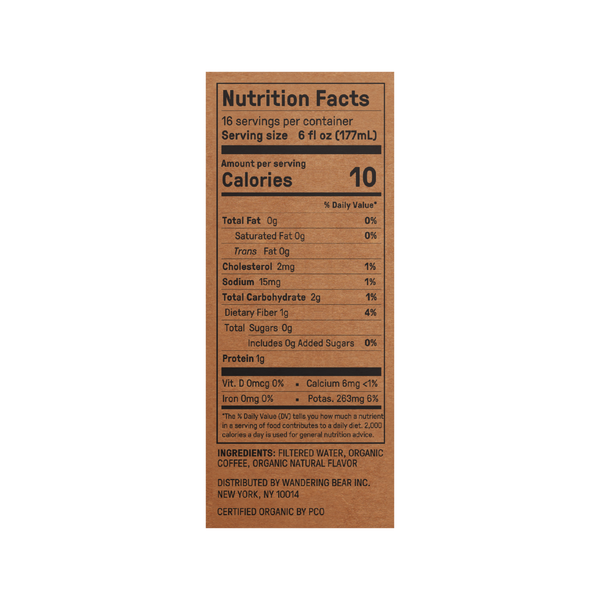 Nutrition facts panel showing 16 servings, 6 fl oz serving 177 mL, 10 calories, 2 g carbs, 1 g protein