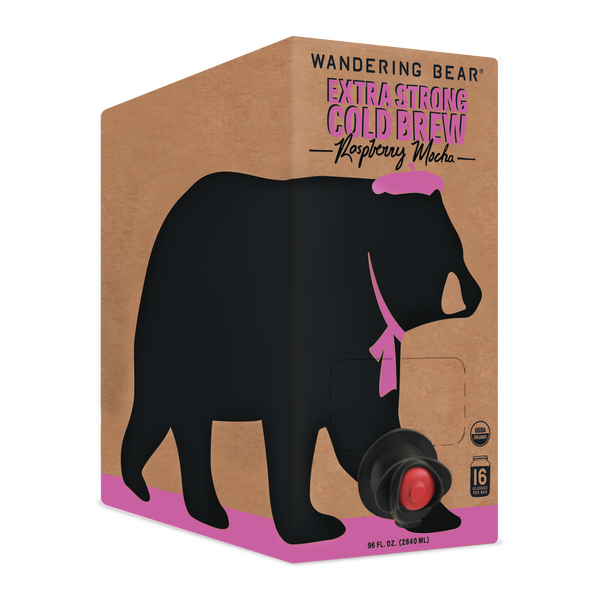 Three-quarter view of 96 fl oz Wandering Bear Raspberry Mocha cold brew carton showing built-in tap and Extra Strong Cold Brew headline