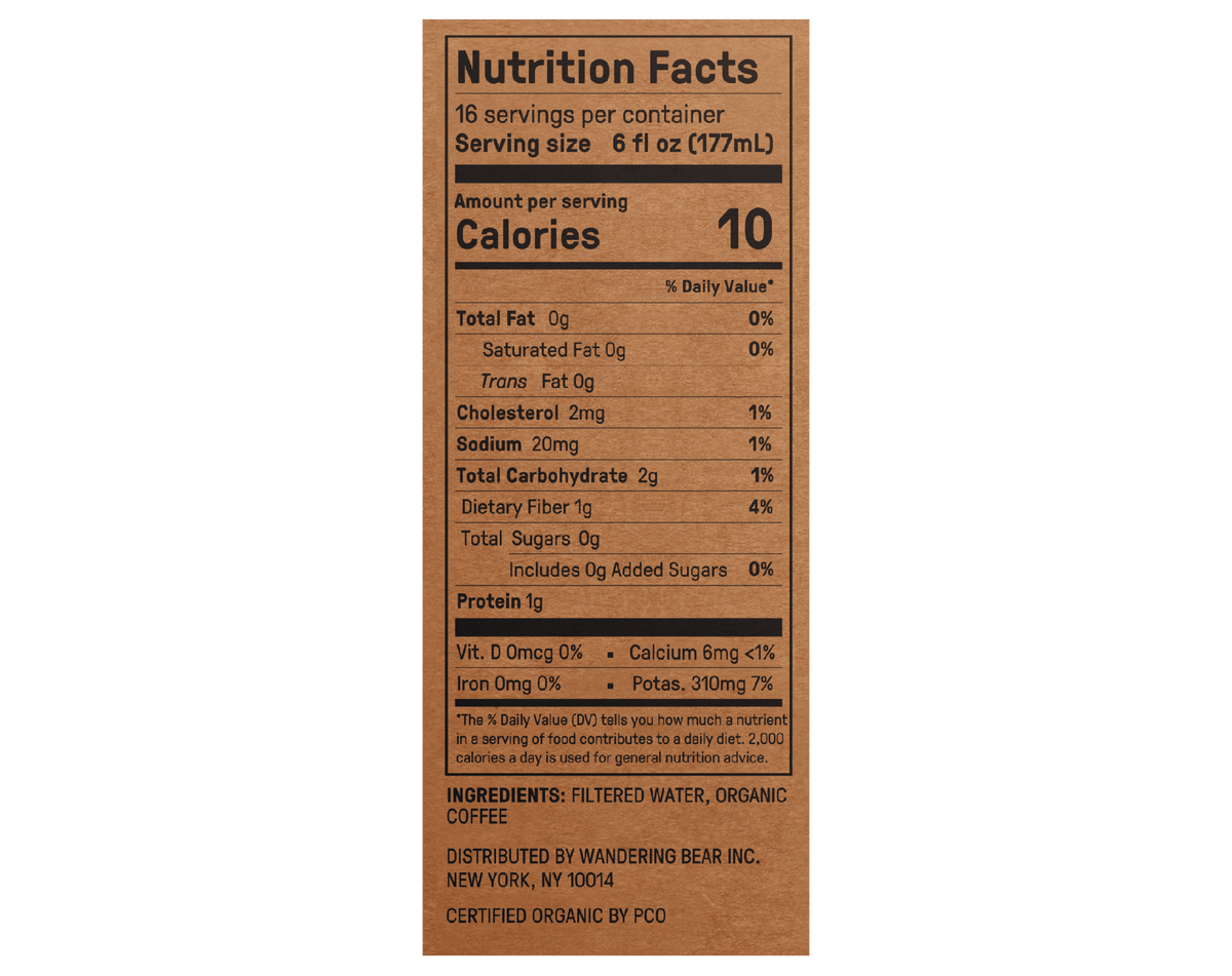 Nutrition facts for Straight Black Cold Brew (96oz): 6 fl oz serving, 10 calories, ingredients water and organic coffee