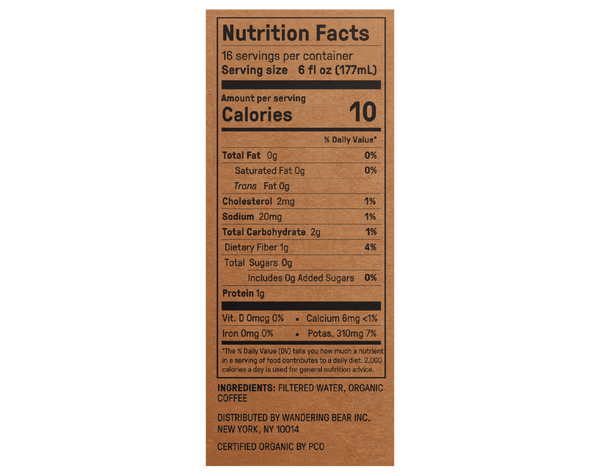Nutrition facts for Straight Black Cold Brew (96oz): 6 fl oz serving, 10 calories, ingredients water and organic coffee
