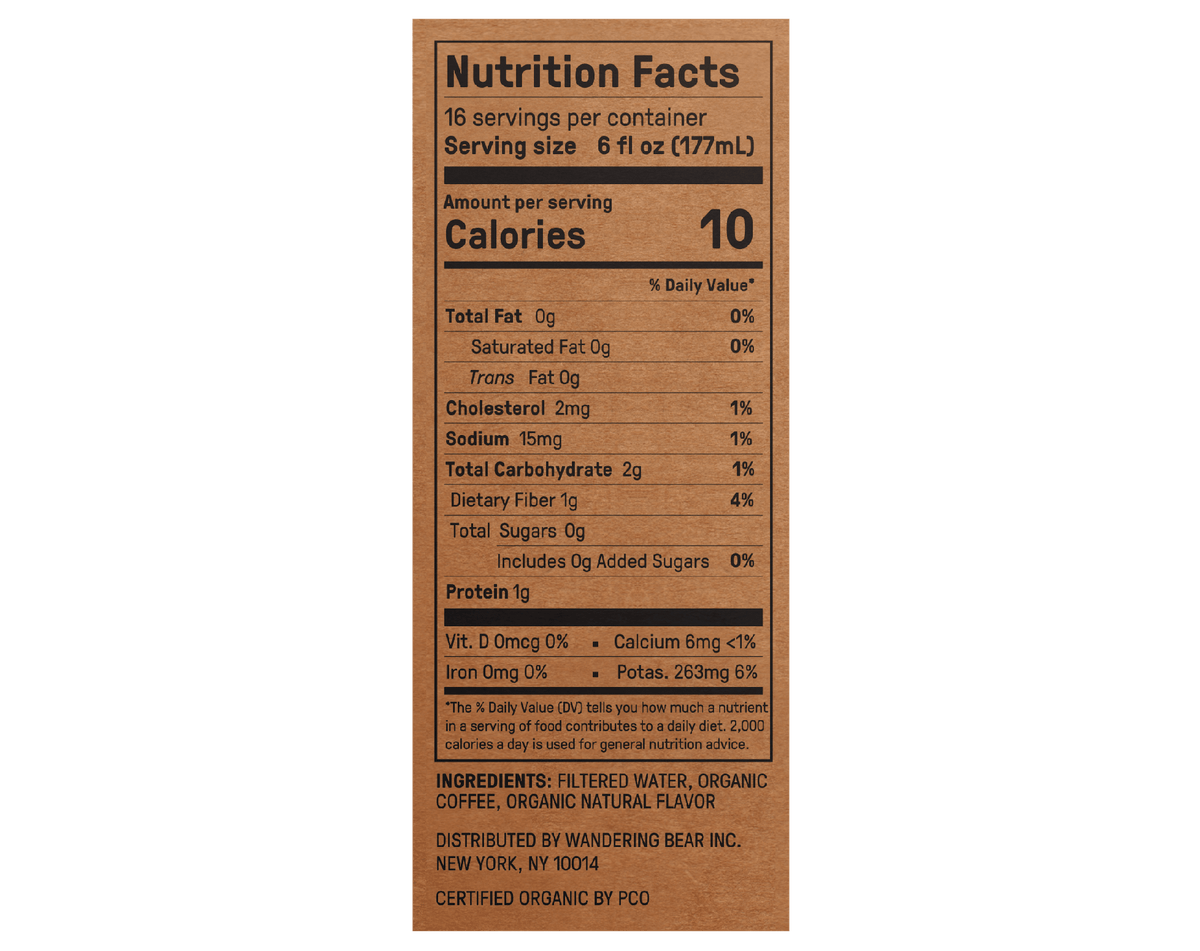 Nutrition facts label showing serving size, calories, and key nutrients per serving for Vanilla Cold Brew on Tap
