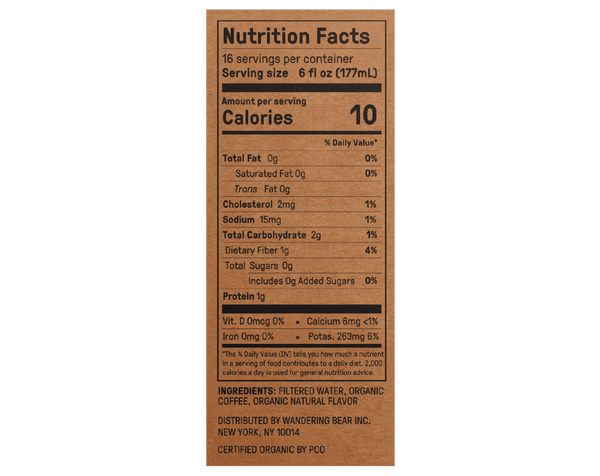 Nutrition facts label showing serving size, calories, and key nutrients per serving for Vanilla Cold Brew on Tap