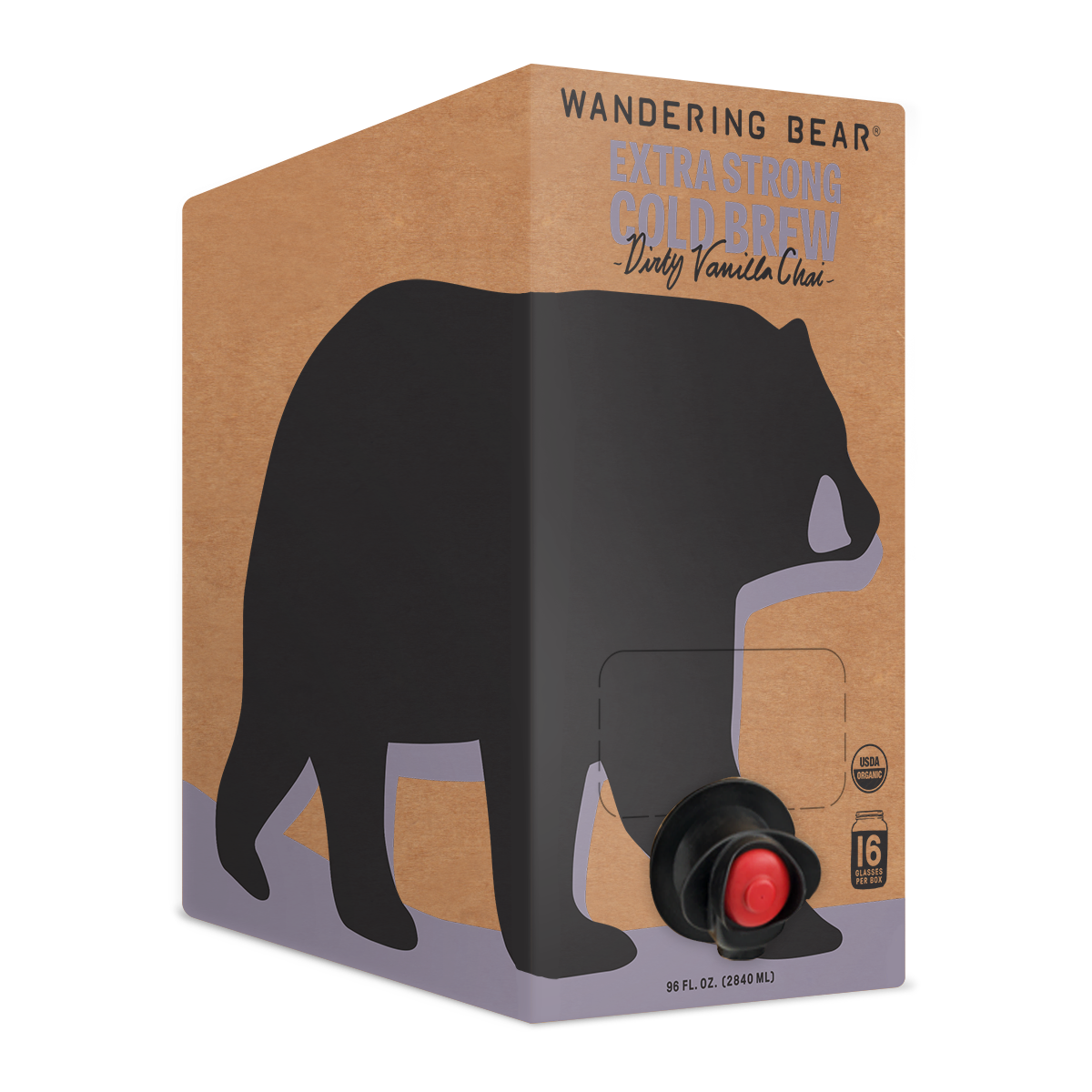 Angled view of 96 oz Dirty Vanilla Chai cold brew carton with bear silhouette, front tap spout, and Extra Strong label