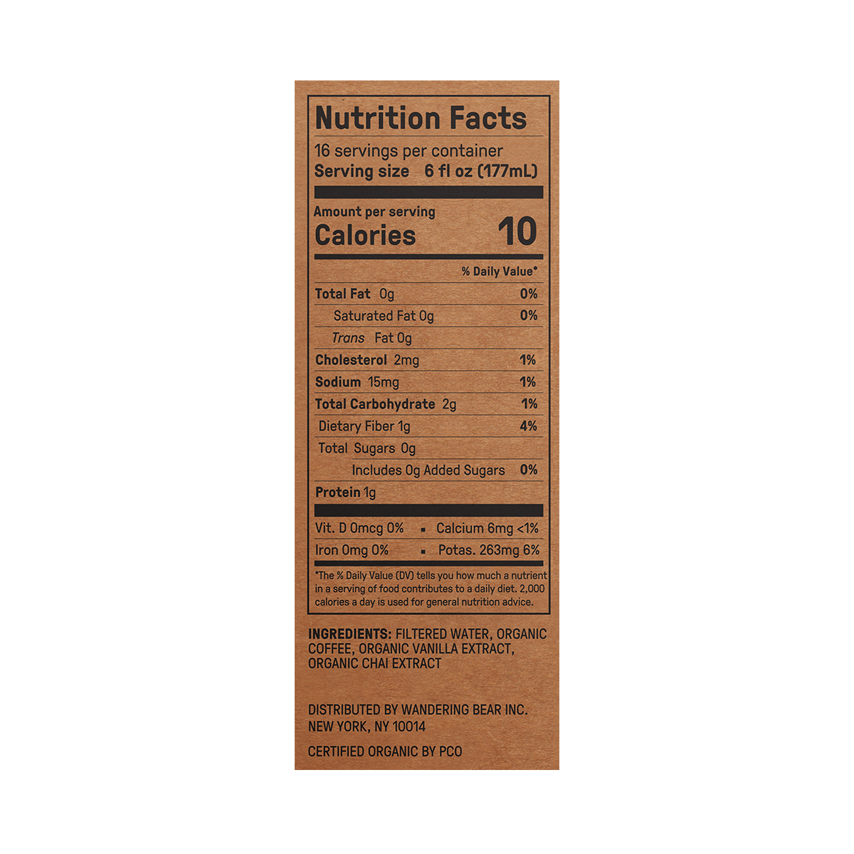 Nutrition facts label showing 6 fl oz serving, 10 calories, 16 servings per container, 0 g fat, 2 g carbs, 1 g protein
