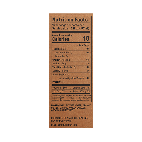 Nutrition facts label showing 6 fl oz serving, 10 calories, 16 servings per container, 0 g fat, 2 g carbs, 1 g protein